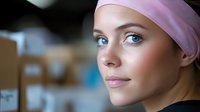 Young woman wearing pink headband with natural makeup and glowing skin looking away thoughtfully against blurred background, wellness and beauty concept.