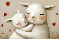 Adorable white llamas hugging with rosy cheeks and closed eyes surrounded by red hearts on beige background, romantic valentines art for greeting cards and nursery decor.