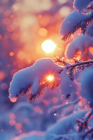 Snow-covered pine branches against sunset with magical bokeh lights creating dreamy winter atmosphere. Sunlight filtering through frozen needles in pink and blue tones.