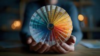 Colorful circular color wheel chart held in hands against blurred background with bokeh lights, showcasing spectrum of hues for design projects.