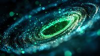 Glowing spiral galaxy in deep space with vibrant turquoise and green cosmic dust particles swirling against dark background, creating mesmerizing celestial formation.