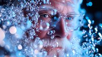 Senior Caucasian man with glasses and white beard behind water droplets or glass with condensation in blue lighting creating atmospheric portrait with bokeh effects.