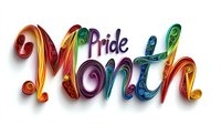 Colorful rainbow quilled typography spelling out Pride Month with ornate decorative swirls and flourishes on white background, isolated lettering design for celebration.