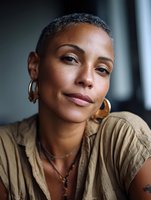 Confident mature African American woman with short gray hair and gold earrings looking directly at camera in natural lighting for lifestyle content.