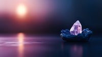 Raw crystal on dark blue petals floating in still water at sunset, mystical purple and pink atmosphere with sun reflection creates magical healing ambiance.