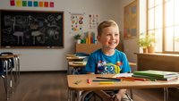Happy young Caucasian boy student smiling at desk in elementary school classroom with colorful educational materials and natural sunlight streaming through window.