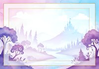 Magical fairy tale landscape with castle on mountain, purple trees and dreamy pastel colors in decorative frame for children stories and fantasy designs.