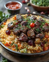Middle Eastern lamb pilaf with tender meat chunks, saffron rice, dried cranberries, fresh herbs and vegetables served in traditional style on rustic wooden surface.