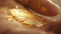 Delicate golden leaf texture with finger touching shimmering metallic surface in warm lighting, creating luxurious artistic macro composition for beauty and spa designs.