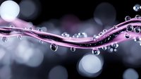 Elegant flowing pink and purple waves with crystal clear water drops against dark bokeh background, creating dynamic motion and reflection effects.