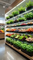 Modern grocery store produce section with fresh vegetables, fruits and herbs displayed on illuminated shelves in contemporary supermarket interior.