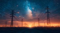 Dramatic power lines silhouetted against starry night sky with milky way galaxy and city lights creating magical urban landscape at sunset. Concept of electricity and power.