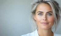Confident blonde woman with natural makeup and messy updo hairstyle wearing white top smiles warmly against soft gray background. Wellness and beauty concept.