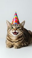 Tabby cat wearing colorful party hat with open mouth expression on white background, isolated for celebration and birthday design projects.