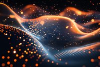 Abstract digital wave pattern with glowing orange and blue light particles flowing in dark space, creating dynamic motion effect for technology backgrounds.