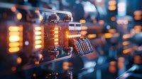 Futuristic robotic arm with glowing orange elements against blurred city lights background, showcasing advanced technology and automation in modern industry.