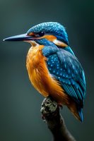 Vibrant kingfisher with striking blue plumage and orange breast perched on branch against dark background, showcasing detailed feather texture and natural pose.