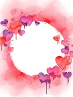 Watercolor hearts frame with dripping paint effect and white circle space for text on pink background for Valentine's Day cards and romantic designs.