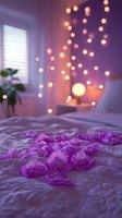Purple rose petals scattered on white bedding with soft glowing fairy lights creating romantic atmosphere in bedroom interior, window with blinds and houseplant visible.
