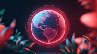 Glowing digital Earth globe with red and blue neon illumination surrounded by plant silhouettes in dark environment.