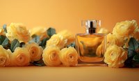Elegant perfume bottle surrounded by fresh yellow roses on golden background, creating luxurious cosmetic composition with floral fragrance elements.