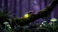 Glowing firefly on a mossy branch in a mystical purple forest with luminous mushrooms, creating an enchanting magical night scene.