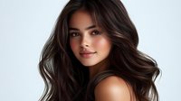 Young woman with flowing brunette hair and natural makeup against light background, showcasing healthy, voluminous waves for beauty and haircare advertising.