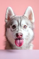 Adorable Siberian Husky puppy with bright blue eyes and pink tongue sticking out against pastel pink background, showing happy playful expression. Perfect for pet care content.