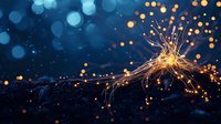 Glowing neural network visualization with orange light trails and connections on dark blue background, representing artificial intelligence and deep learning technology.