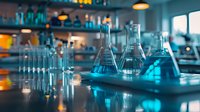 Laboratory glassware with bright blue liquid on workbench in modern research facility. Dramatic lighting creates scientific atmosphere with glass beakers and flasks.