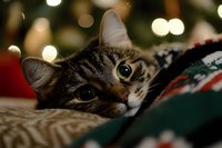 Curious tabby cat peeking over holiday blanket with soft bokeh lights in background, creating cozy Christmas atmosphere at home.