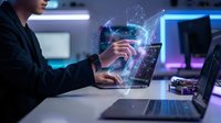 Professional woman working on laptop with holographic digital network connections and data visualization effects in modern office environment.