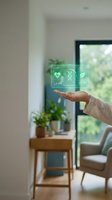 Hand holding holographic green interface displaying health, DNA, leaf, and growth chart icons in modern living room with plants and natural light, representing biotechnology, wellness innovation, and sustainable living solutions.