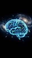 Glowing neon brain with neural pathways and cosmic galaxy background, representing artificial intelligence, neuroscience, and advanced technology concepts for digital innovation.
