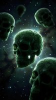 Glowing green skulls with intricate floral patterns float in dark space surrounded by luminescent particles and ethereal light, creating a mystical and surreal atmosphere for horror, fantasy, or occult design projects.