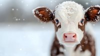 Close up portrait of young brown and white calf with blue eyes looking at camera during snowfall, winter farm scene with soft blurred background and falling snowflakes.