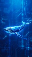 Digital whale made of glowing blue polygons swimming through futuristic cyberspace with data streams and technological interface elements in background.