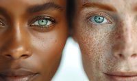 Close up portrait of two diverse women with striking blue-green eyes and unique skin features showing natural beauty and racial diversity in modern beauty concept.