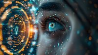 Female eye with bright blue iris surrounded by futuristic holographic interface circles and digital elements in orange and cyan colors against dark background.