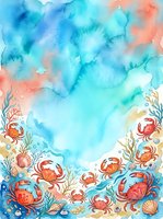 Watercolor ocean frame with red crabs, seaweed and shells creating decorative border on blue aquatic background for marine themed designs.