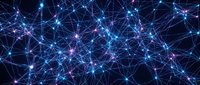 Abstract digital network with glowing blue and purple nodes connected by luminous lines on dark background for technology and data visualization concepts.