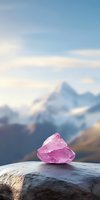 Raw pink crystal on stone with snow-capped mountains in background, soft focus landscape for wellness and spiritual concepts.