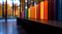 Row of colorful book spines arranged in rainbow spectrum order on dark wooden shelf, with soft bokeh lights creating dreamy background atmosphere.