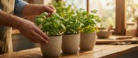 Hands tending fresh green herbs in woven pots on wooden table by sunny window. Indoor gardening and sustainable living concept for kitchen cultivation.