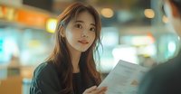 Young Asian woman with long brown hair reading menu in restaurant with blurred colorful lights in background.