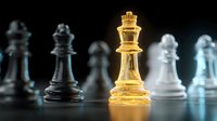 Golden chess king standing out among black and white pieces on dark background, symbolizing leadership and strategic advantage.
