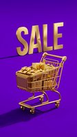 Gold shopping cart filled with gift boxes and bold SALE text on vibrant purple background, perfect for retail promotions and holiday campaigns.