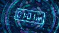 Futuristic digital clock displaying time in glowing cyan light surrounded by abstract data streams and technological elements for modern design projects.