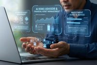 Professional businessman using AI robo advisor technology for financial asset management and investment goals with holographic interface displays.