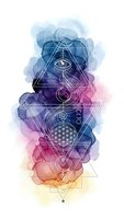 Sacred geometry composition with mystical symbols, triangles, eye, and flower of life on colorful watercolor background for spiritual design projects.